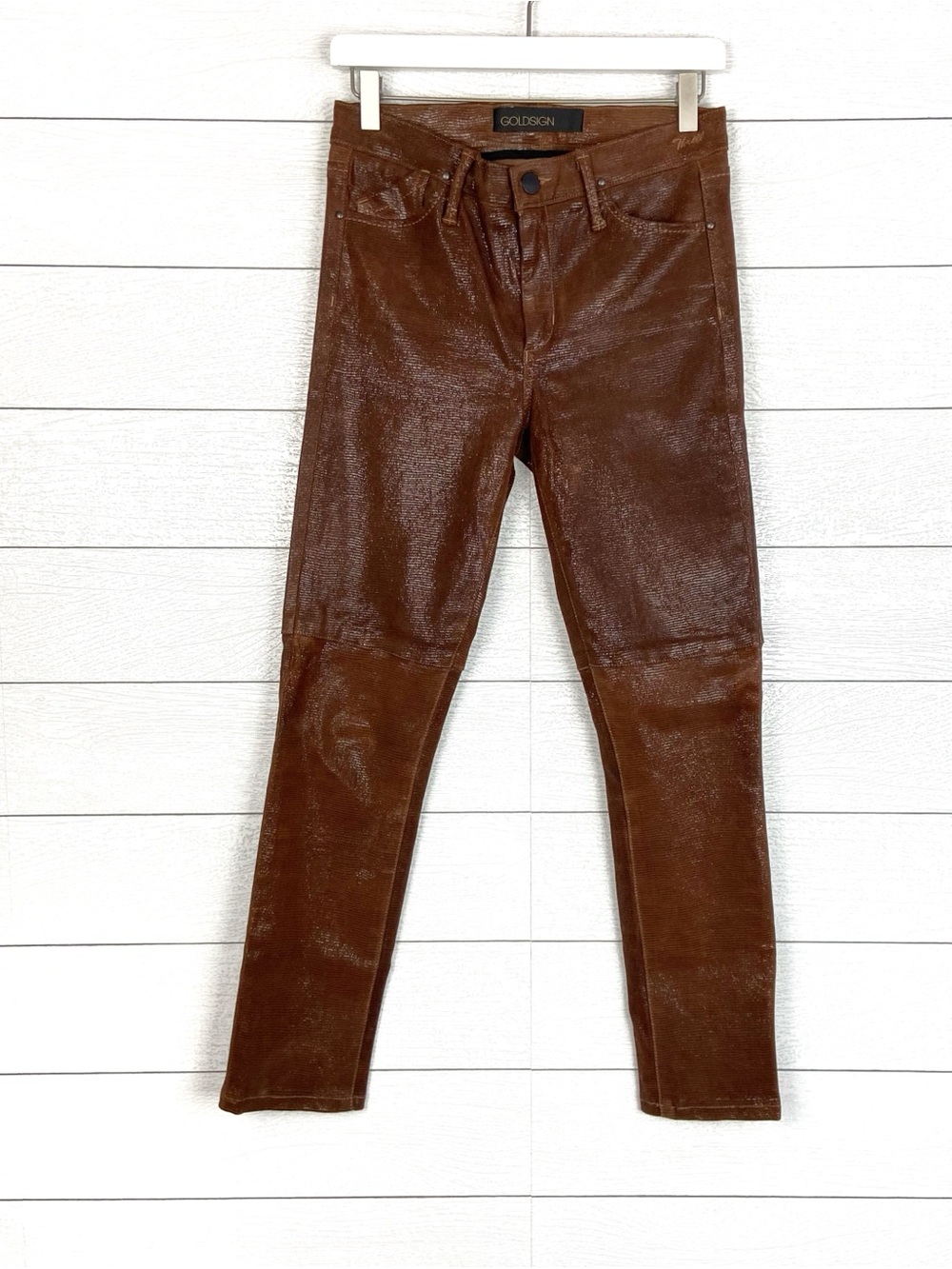 Goldsign Genuine Leather High Waist Skinny Pants Brown Shimmer Shine 27